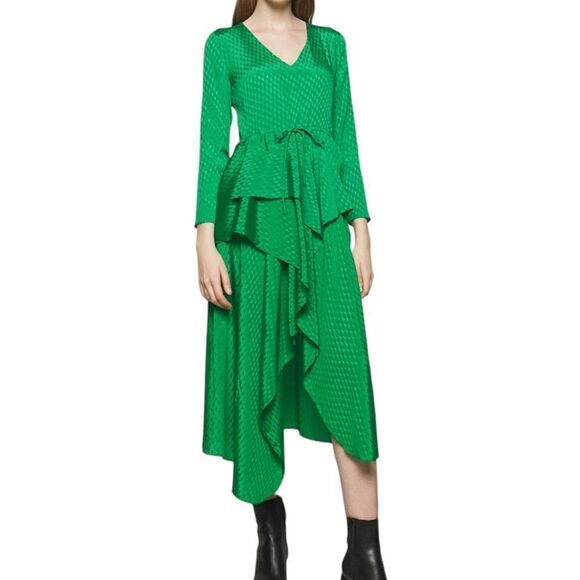 Maje Green Happy Days Jacquard Midi Asymmetrical Hem Dress New Size 38 - Picture 1 of 13